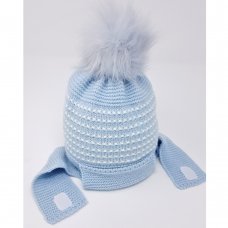 KIDS6218SKY: Baby Knitted Fur Pom Hat With Chin Strap- Sky (0-6 Months)